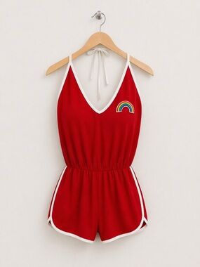 Red Halter Romper Rainbow Patch Tie Back Elastic Waist Medium Retro Sporty